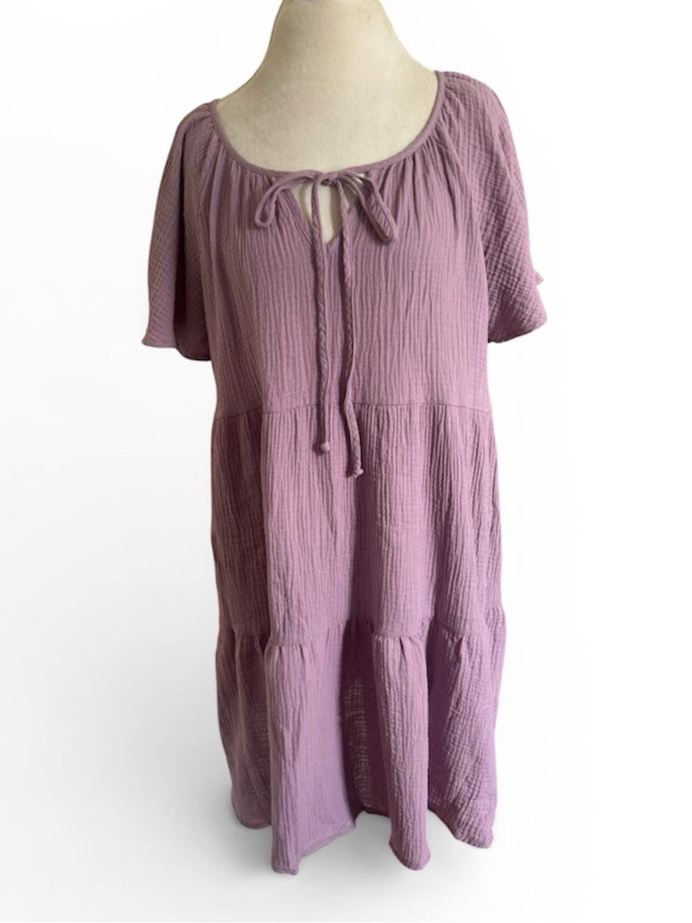 Fantastic Fawn Purple Gauze Tiered Mini Dress NWOT Size Large Boho Tie Neck
